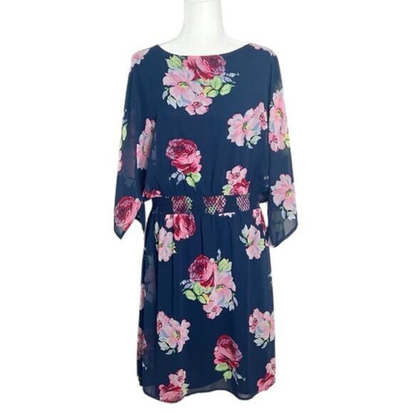 IMNYC Blue Floral Print Short Flutter Sleeve Overlay Dress - Picture 1 of 4